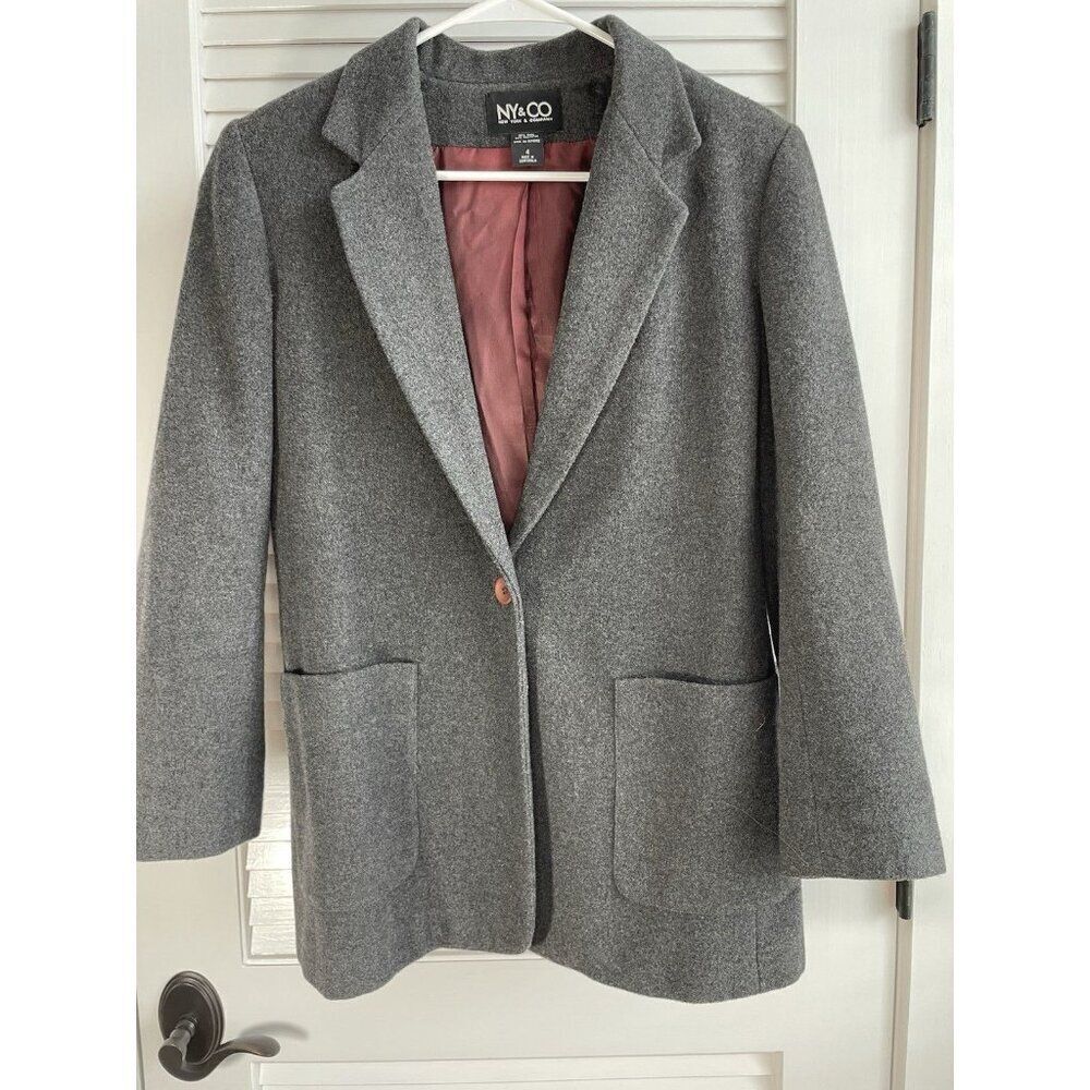 Vintage NY & Co Gray Wool Blazer One Button Two Front Pockets Women's Size 4